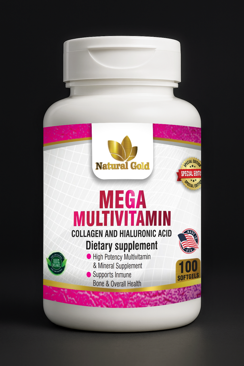 Natural Gold™ Mega Multivitamin Collagen and Hyaluronic Acid | 100 Softgels