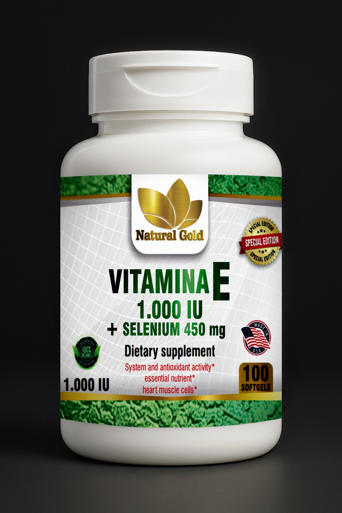 Natural Gold™ Vitamina E 1 000 IU + Selenio 450 mg | 100 Softgels (cápsulas blandas)