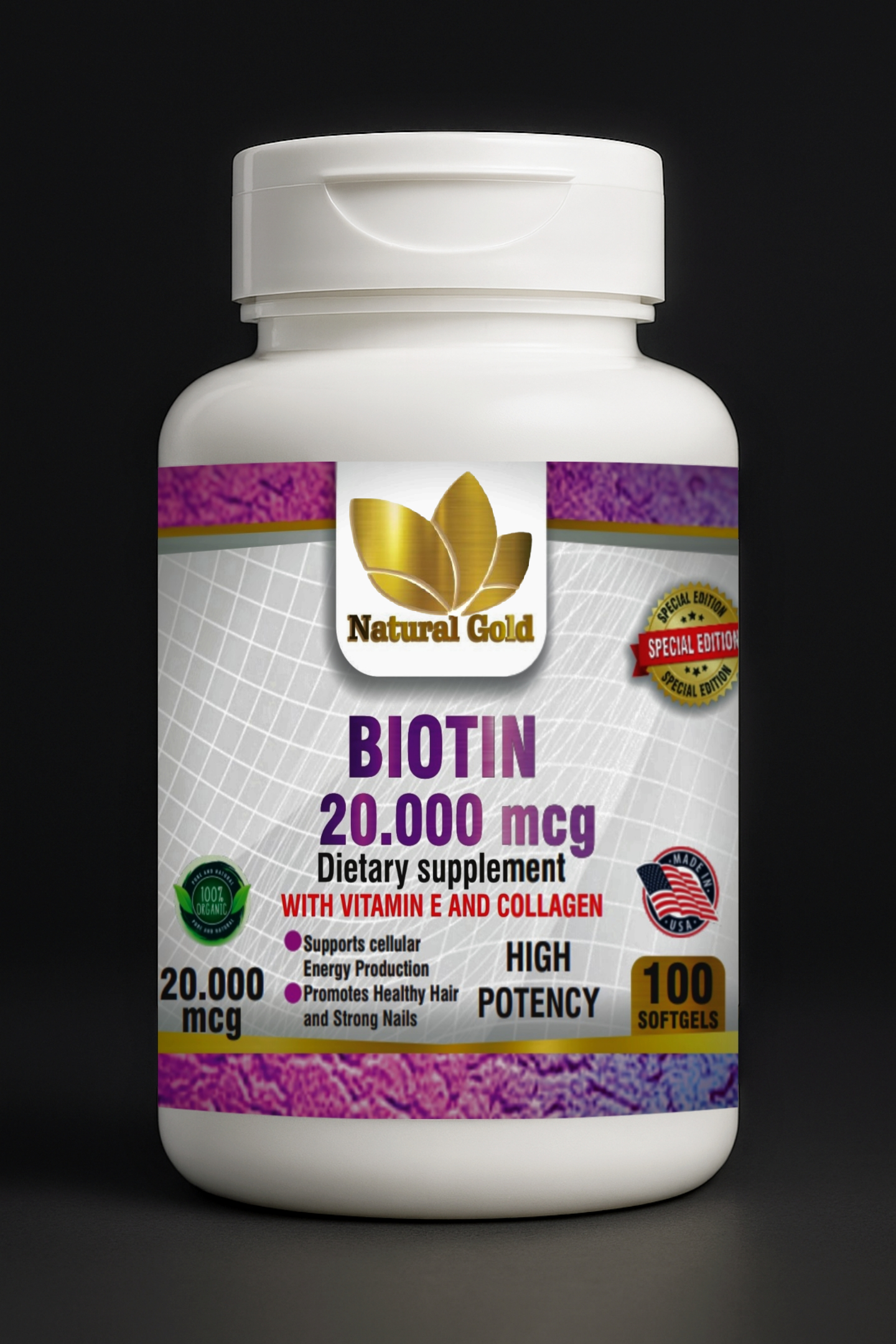 Natural Gold™ Biotin 20 000 mcg High Potency + Vit E & Collagen | 100 Softgels (cápsulas blandas)