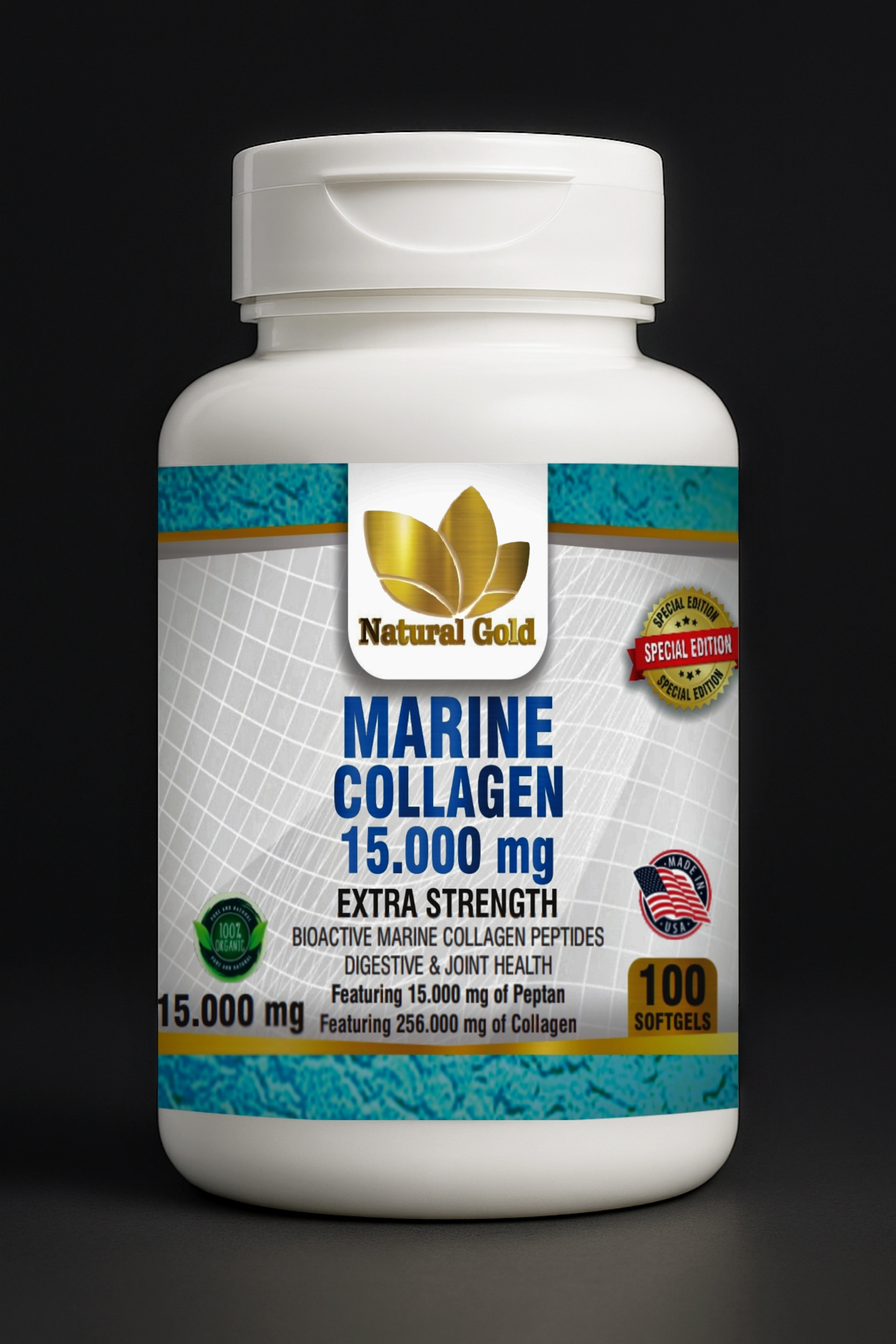 Natural Gold™ Marine Collagen 15 000 mg Extra Strength | 100 Softgels (cápsulas blandas)