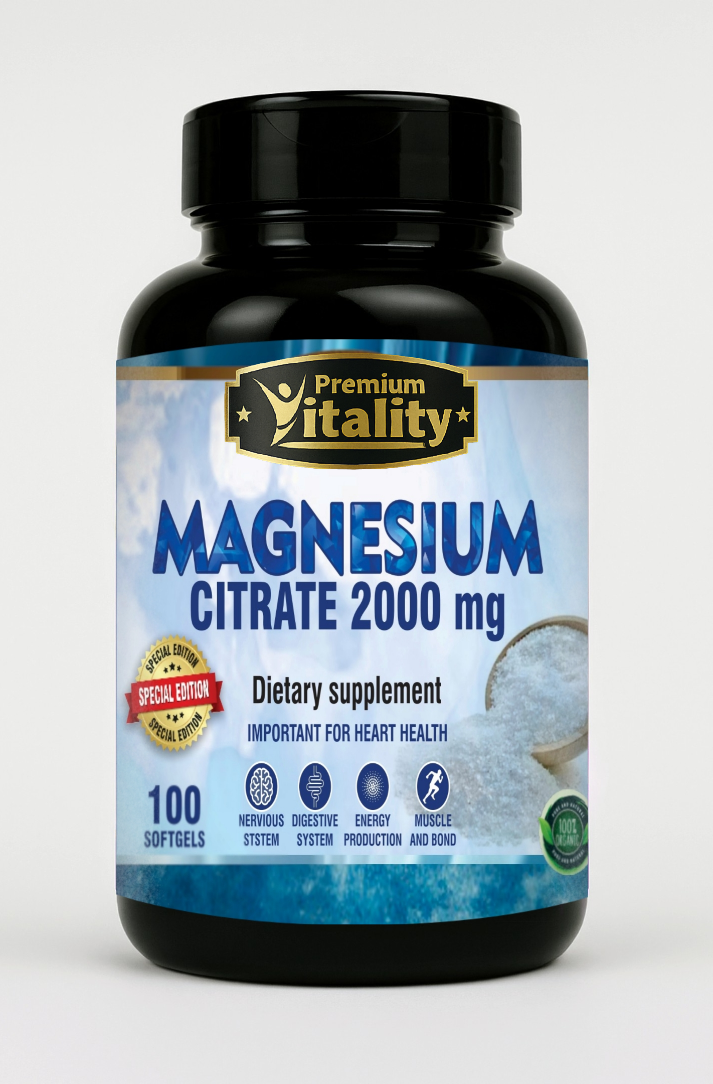 Premium Vitality® Magnesium Citrate 2 000 mg | 100 Softgels (cápsulas blandas)