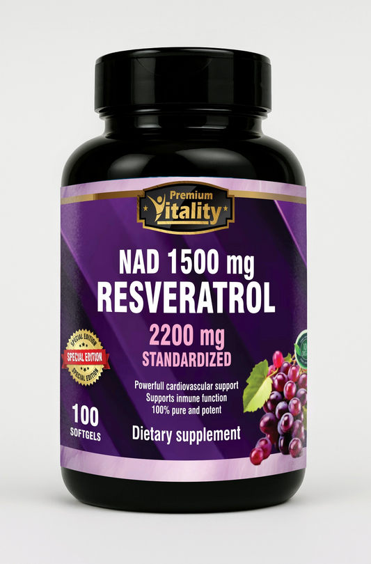 Premium Vitality® NAD 1.500 mg Resveratrol Standardized 2.200 mg | 100 Softgels