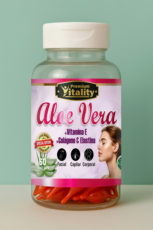 Premium Vitality®  Aloe Vera Twist Caps – Aloe Vera + Vitamina E + Colágeno & Elastina | 60 Cápsulas Twist