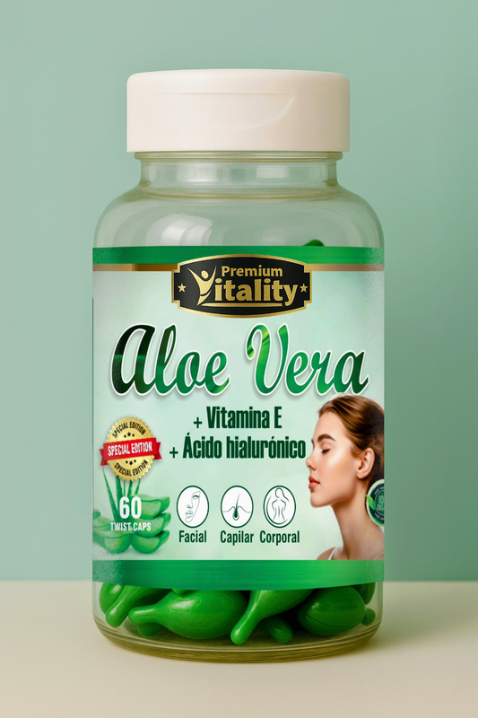 Premium Vitality®  Aloe Vera Twist Caps – Aloe Vera + Vitamina E + Ácido Hialurónico | 60 Cápsulas Twist