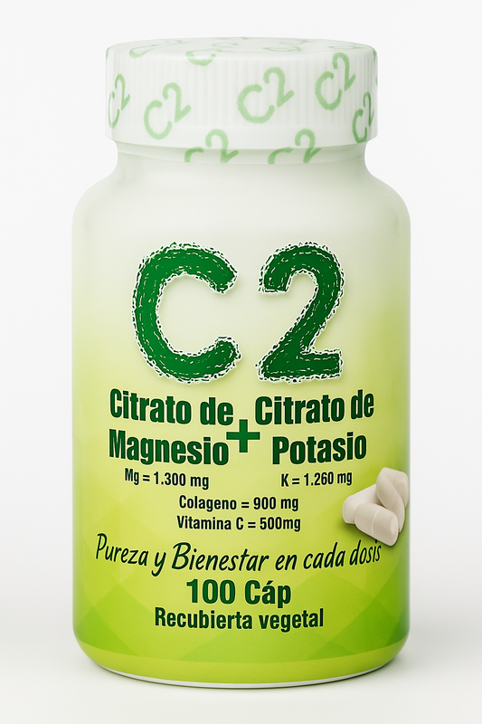 C2 Citrato de Magnesio 1.300 mg + Citrato de Potasio 1.260 mg + Colágeno 900 mg + Vitamina C 500 mg | 100 Cápsulas